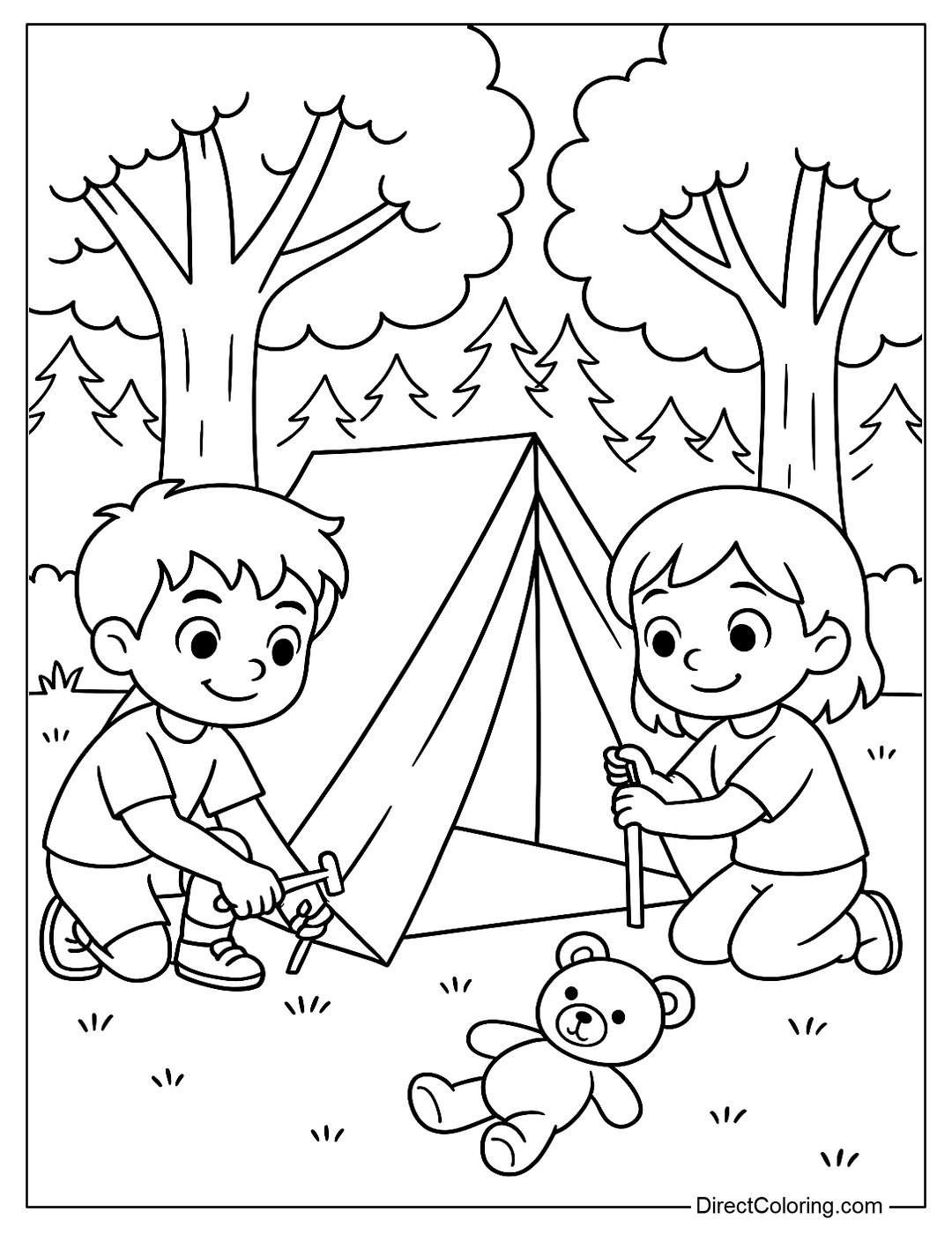 Coloring page of two kids setting up a tent in the woods, with a teddy bear lying next to them.